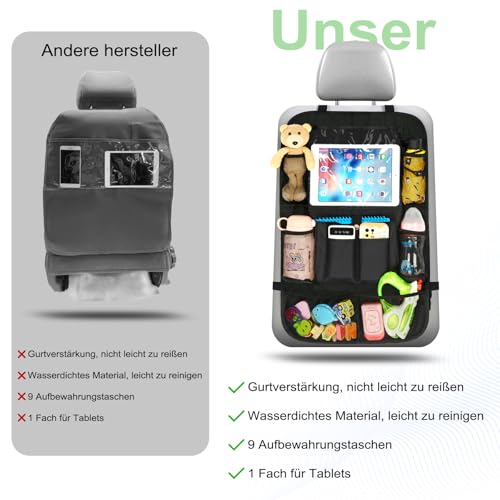 Ezilif Rückenlehnenschutz Auto Kinder Stärke-Upgrade, Autositz Organizer mit 10 Aufbewahrungsbeuteln, Auto Organizer Kinder Leicht Zu Reinigen, Wasserdichter für Rücksitz organizer (1 Stück)
