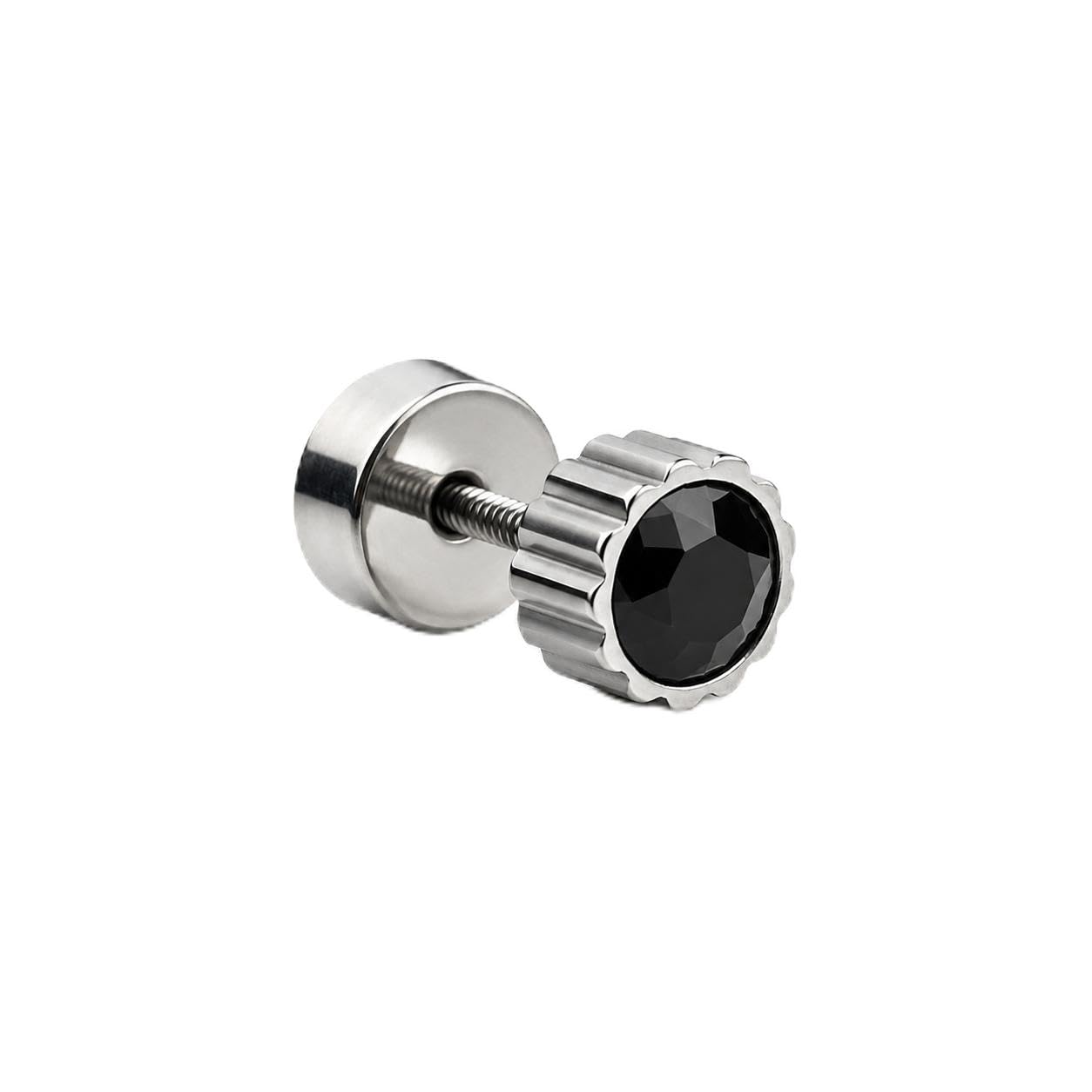 Black Stone Stud Earring for Men & Boys | Round Faceted Black Crystal Ear Stud | Silver Tone Screw Back Earring | Korean Style Fashion Jewellery | Single Piece-image-33