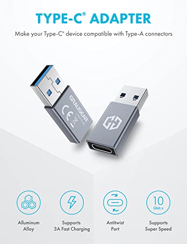 GRAUGEAR USB-C Adapter, 10Gbps Double Sided Data Transfer, 3A Fast Charging, USB C Female to USB A Male Adapter 3.2, Compatible with PC, Laptop, MacBook, iPhone, iPad, Apple Watch, Carplay