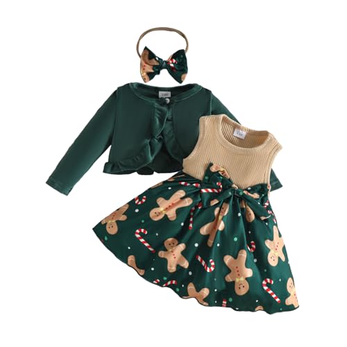 Baby Girl Christmas Outfit Toddler Sleeveless Dress with Cardigan Gingerbread Christmas Dresses Fall Clothes