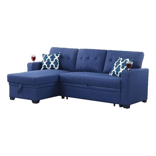 Devion Furniture Reversible Fabric Sleeper Sofa Bed & Chaise with Cup Holder-Blue