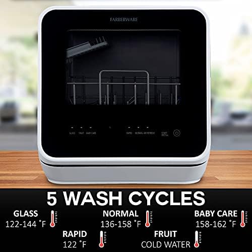 Farberware FDW05ASBWHA Portable Countertop Dishwasher with 5-Liter Built-in Water Tank - 5-Program System for Home, RV, and Apartment - Wash Dishes, Glass, Fruit, and Baby Products