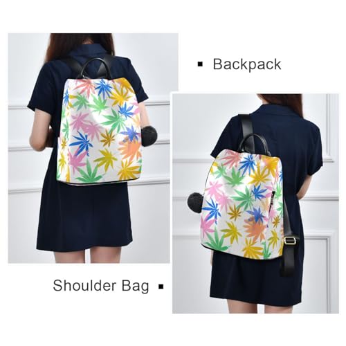 Mochila antirrobo de mujer con estampado de hojas pastel y pompón suave 7