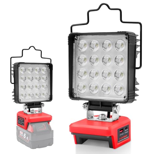 Powarobor Cordless LED Work Light for Milwaukee 18V M18 Battery 48W 5800LM Spotlight Jobsite Lamp Flood Light with Low Voltage Protect and USB & Type C Phone Charger for Workshop Emergency Repairing