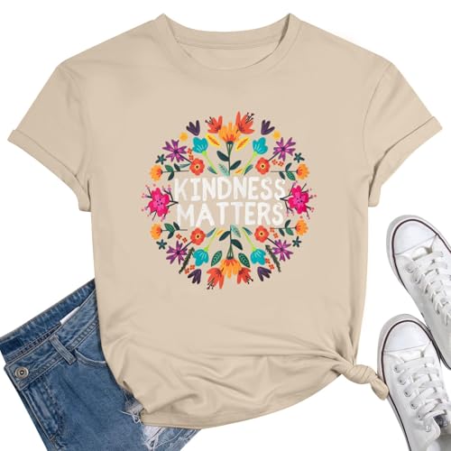 KIDDAD Women Graphic Shirt Teacher Kindness Shirts Boho Floral Short Sleeve Tee Mental Health Inspirational Tops Soft