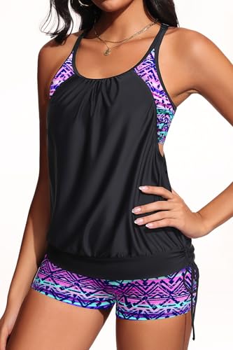 Image of Holipick Blouson Tankini Swimsuits for Women - Two Piece Tummy Control Bathing Suit with Shorts Modest Swimwear