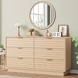 IRONCK Fluted 6 Drawer Dresser for Bedroom,54' Wide Modern Dresser Drawers with Storage, Wooden Dressers with Metal Handle for Bedroom, Hallway, Natural Oak