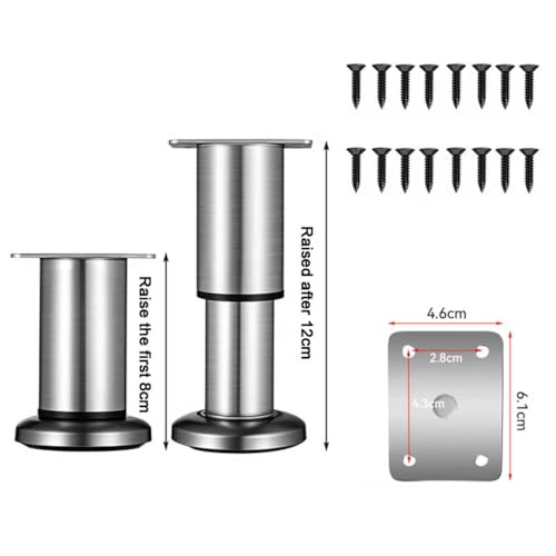 WZCMLJ 4 Stück Möbelfüße Verstellbar Edelstahl Tischbeine Metall Höhenverstellbar,Chrom 8-12cm Ø38mm Bettfüße Möbelbeine Füße für Möbel Sofa Füße Möbelerhöhung Schrankfüsse. (Edelstahl, 8-12cm)