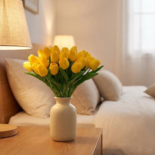 Image of 20Pcs Stems 13.5 Inch Yellow PU Artificial Moisturizing Tulips, Faux Tulips Flowers for Thanksgiving Christmas Decorations Wedding Home Table Vase Floral Arrangements