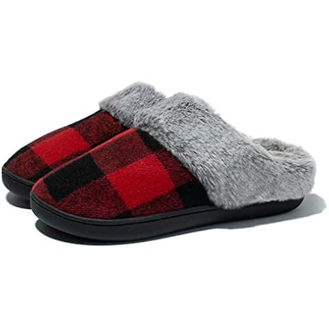 Womens Plaid Slippers Memory Foam Fur Lined Slippes Cozy Anti-Slip Cotton Slippers Winter Warm House Slippers Red 5.5/6.5 UK Cover