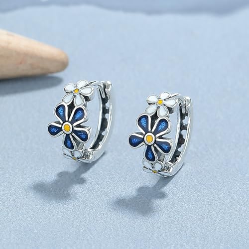 Kokoma Vintage Blue Daisy Flower Small Hoop Earrings for Women 925 Sterling Silver Daisy Huggie Hinged Hoops Cartilage Earrings Elegant Ear Jewelry Gifts for Birthday Party3