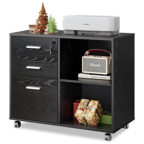 wood locking file cabinet - DEVAISE 3-Drawer Wood File Cabinet with Lock, Mobile Lateral Filing Cabinet, Printer Stand with Open Storage Shelves for Home Office, Black