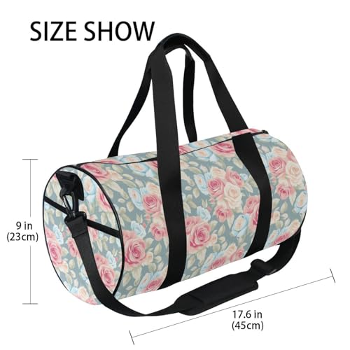 Rose Pink Blue Sports Duffel Bag Full Print Barrel Gym Bag with Adjustable Shoulder Strap, Multiple Pockets for Workout Travel and Sports Durable Polyester with Microfiber Leather Accents4