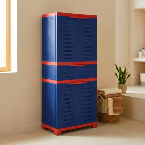 Image of Supreme Furniture Fusion 02 MDR 01 Multipurpose Plastic Cupboard | 40-Months Warranty* | Cabinet with 1 Drawer Storage at Center | Spacious Shelves | Big Organiser for Bedroom | DIY |Royal Blue Red