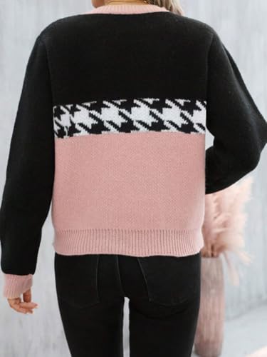 Image of chouyatou Women's Vintage Color Block Long Sleeve Pullover Sweater Houndstooth Printed Crewneck Jumper Tops