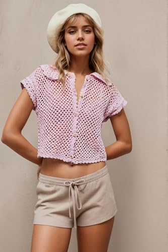 LifeShe Hollow Out Cropped Crochet Tops for Women Summer Short Sleeve Open Knit Sweaters Button Down Vest4