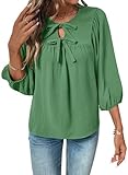 SHEWIN Womens Tops 3/4 Puff Sleeves Blouse Dressy Casual Babydoll Bow Tie Flowy Elegant Loose Ladies Shirt Spring Summer 2026 Clothes Green Size M