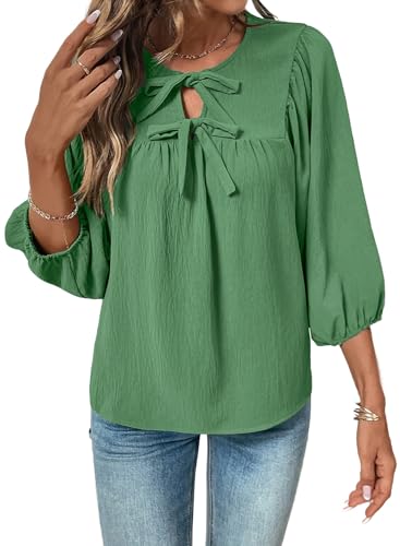 SHEWIN Womens Tops 3/4 Puff Sleeves Blouse Dressy Casual Babydoll Bow Tie Flowy Elegant Loose Ladies Shirt Spring Summer 2026 Clothes Green Size M