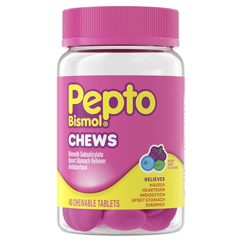 Pepto Bismol Berry Mint Chews Upset Stomach Relief Nausea Relief Heartburn Relief Indigestion Relief Anti Diarrhea Medication for Adults - 5 Symptom Fast Relief 48 Chewable Tablets