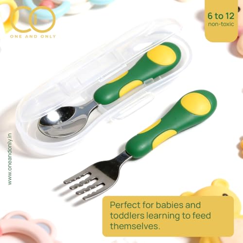 Image of Baby Spoon and Fork Set, Green Stainless Steel & Silicone Toddler Cutlery Set with Easy Grip, 2 Pc, Self Feeding Utensils for Baby Meals School and Travel, Mealtime Essential