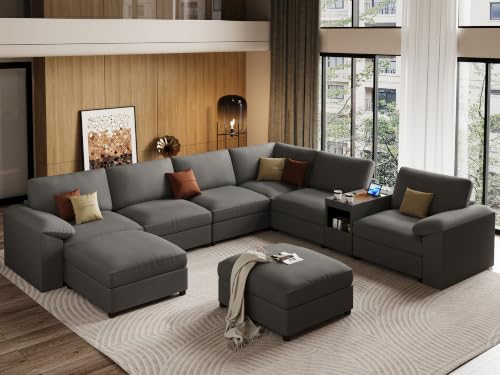 Image of EASE MOOSE Faux Leather Sectional Couch, Oversized Modular Sofa, Modern Comfy Modular Couch, Scratch Resistant Material Sofas, U Shaped Couch for Big Spaces, Dark Grey