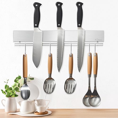 Dmore Magnetleiste Messer mit 5 Haken, 30 cm Messerhalter magnetisch aus Edelstahl, Magnet Messerhalter mit extra Starkem Magnet, inklusive Klebeband...