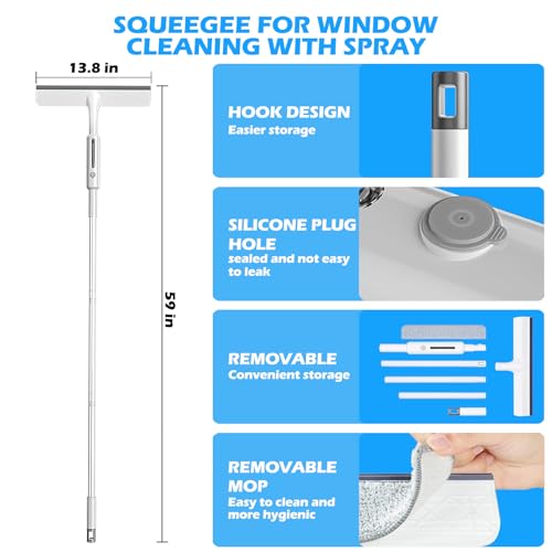 Image of 3 in 1 Squeegee for Window Cleaning, 59'' Long Glass High Window Cleaner with Spray Extension Rod and 12'' Rubber Lip, Combinable Squeegee for Car Sliding Door Shower Glass Door