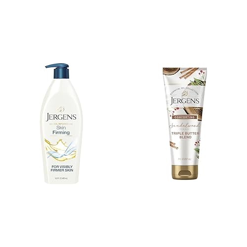 Jergens Loción corporal reafirmante para piel seca a extra seca, crema para tensar la piel y loción de mantequilla corporal de sándalo, hidratante