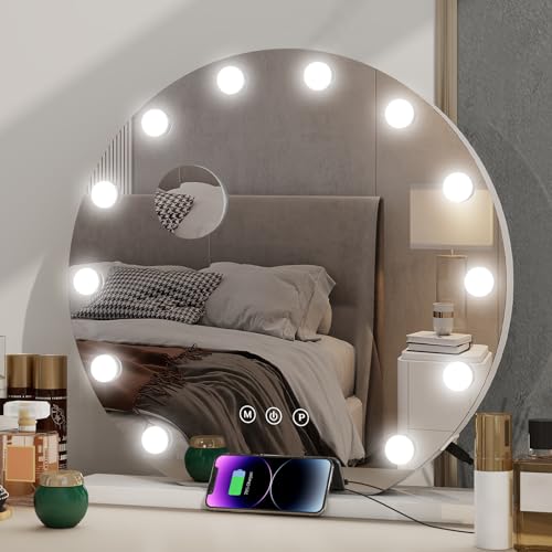 Kwanner Hollywood Vanity - Espejo cosmético con luces, espejo de maquillaje redondo de 50 cm, espejo de maquillaje con 12 bombillas LED regulables, puerto de salida USB, 3 modos de iluminación