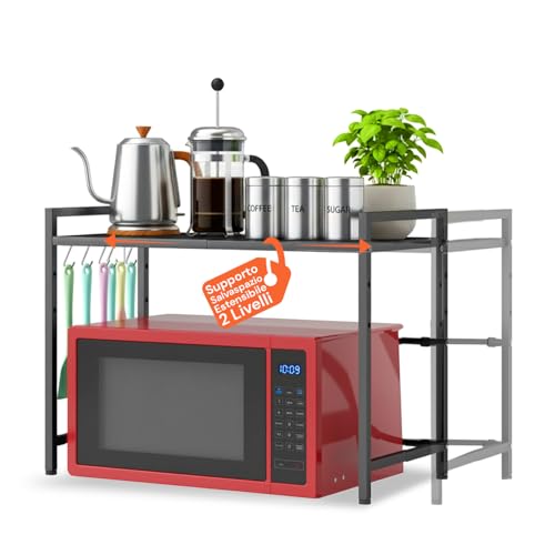 Avilia - Ripiano Estensibile da Cucina, Scaffale a 2 Livelli Regolabile con Ganci Porta Utensili, Ideale come Ripiano per Microonde, Forno e Alzatina Cucina Salvaspazio