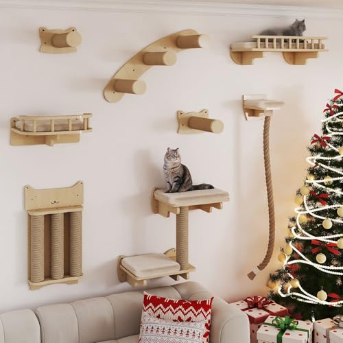 BYBYME Katzenkletterwand-Set aus Naturholz, 8-teiliges stabiles Möbelstück mit Kratzbäumen, Kätzchenplattform, 100 cm Sisalseil, Spielen und Faulenzen von Katzen (Naturholz) BYBYME Katzenkletterwand-Set aus Naturholz, 8-teiliges stabiles Möbelstück mit Kratzbäumen, Kätzchenplattform, 100 cm Sisalseil, Spielen und Faulenzen von Katzen (Naturholz)