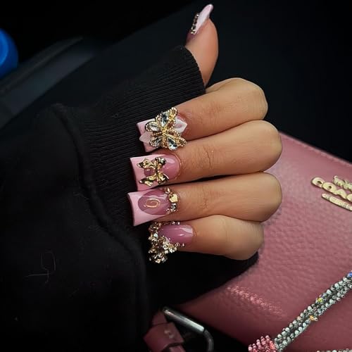 Image of Pink French Tip Press on Nails Short Duck Fake Nails with Design 5D Butterfly Glue on Nails Rhinestone Bow False Nail Artificial Acrylic Full Cover Glossy Stick on Nails for Women Manicure 24Pcs