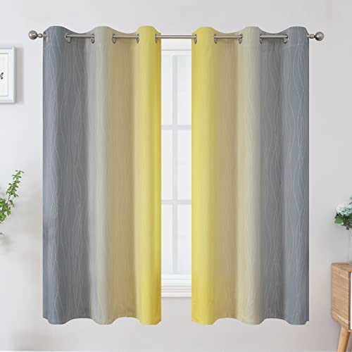 Ombre Gray and Yellow Blackout Curtains 63 Inch Length 2 panels, Full Room Darkening Curtains for Kids Room, Grommet Thermal Insulated Gradient Drapes, Light Blocking Curtains for Bedroom, 42x63 Inch