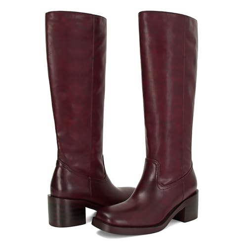 Image of DOEYG Women's Banana Knee High Boots Square Toe Chunky Block Heel Tall Boots Wide Calf Fashion Comfortable Casual Pull on Long Boots