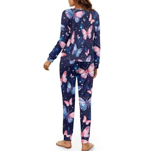Image of Womens Lounge Set Long Sleeve Soft Pajama Sets Casual 2 Piece Pj Outfit Crewneck Sleepwear with Pockets Plus Size