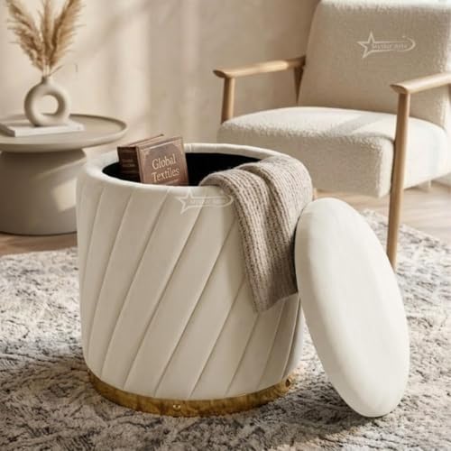 Image of Mythic ArtsRound Upholstered Sitting Stool & Footrest Velvet Storage Ottoman Pouffe16 X 16X 19 inch | Versatile Puffy for Living Room, Bedroom, and Office ? Chic Home Furnishings & Dcor Cream