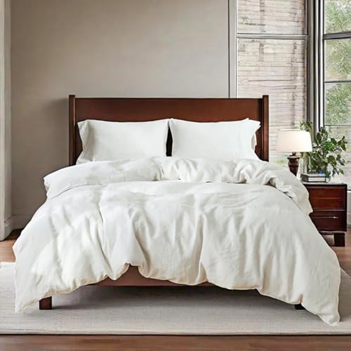 QKTE 100% Linen Duvet Cover Set, 3 PCS Natural French