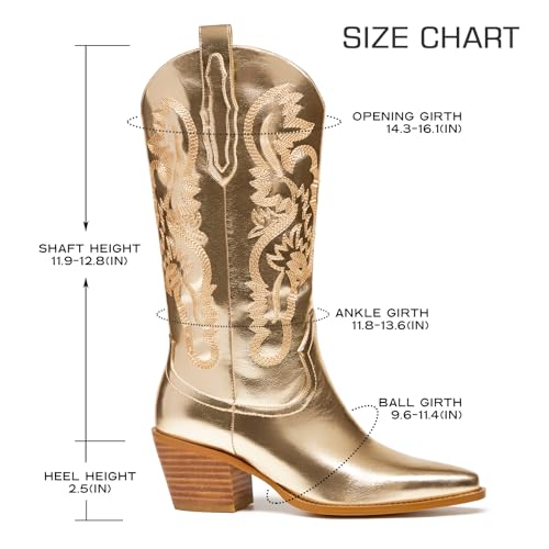 Glitter Wide Calf Metallic Embroidered Cowboy Boots For Women Sparkly Mid Calf Chunky Heel Pull on Pointy Toe Western Cowgirl Boots Fashion Vintage Short Booteis For Girl2
