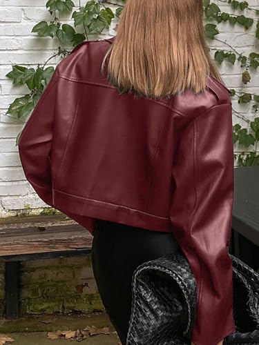 Chic Burgundy Faux Leather Motorcycle Jacket – Loose Fit, Perfect for Every Occasion! - Image 3