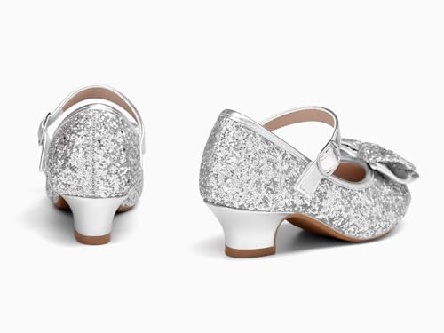 Image of Haloumoning Girls Dress Shoes Mary Jane Heels Flower Girl Shoes Bow Glitter Princess Wedding Party Pump Shoes
