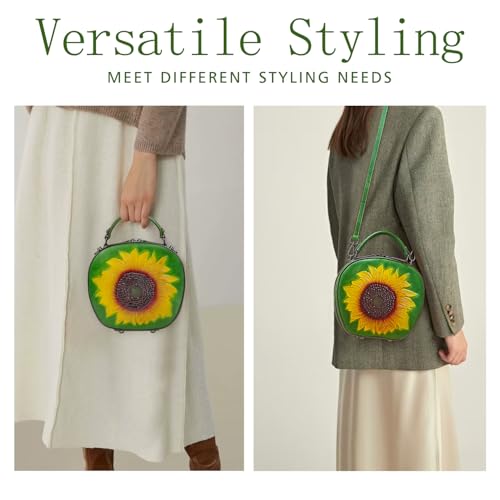 Genuine Leather Vintage Bag for Women: Cowhide Leather Crossbody Purse - Sunflower Embossed Handbag 6