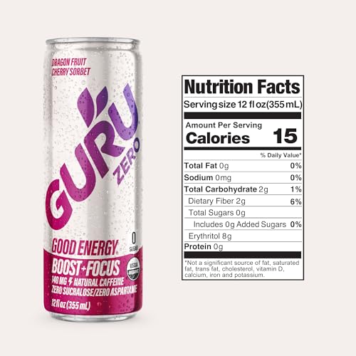 Image of GURU Zero Sugar Energy Drink, Dragon Fruit Cherry Sorbet Organic Sparkling Energy Drink with 140 MG Natural Caffeine & Coconut Water for Workouts, Performance & Midday Boost, Gluten Free, Vegan, 12 Fl Oz, 24 Pack