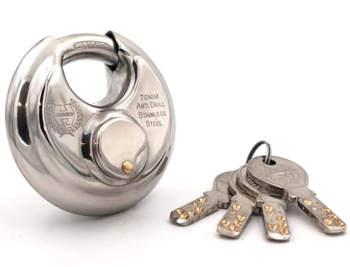 Image of Harrison Padlocks /Round Padlock 70mm 12 Pin with 3 Computerised Keys 0495-SUPER-STAR Pack of 1 / Mild Steel Material /Stainless Steel Finish /for Door, Shutter, Godown, gate