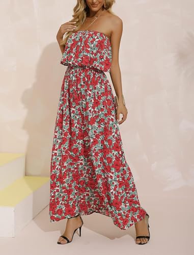 Image of ZMPSIISA Women's Summer Off The Shoulder Maxi Dress Ruffle Strapless Blue White Porcelain Boho Casual Loose Long Dresses