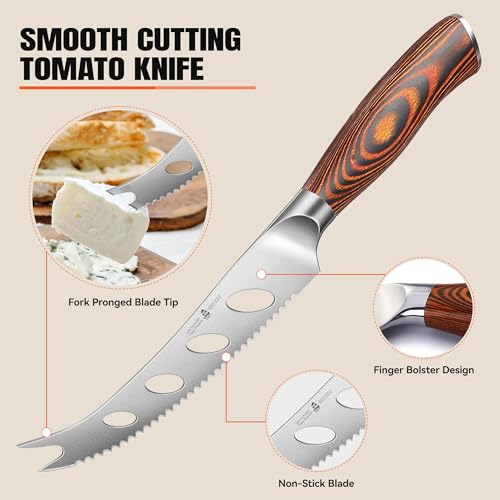 Image of TUO Cheese Knife, Tomato Knife 5.5 inch Serrated Blade, High Carbon German Steel, Mutil-Use Non Stick Design, Pakkawood Handle - Fiery Phoenix Series