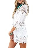 DNFC Strandkleid Damen Badeanzug Kurz Sommer Strand Kleider Beach Kleid Schöne Spitze Strandkleider Bikini Cover Up für Urlaub (Weiß, One Size)