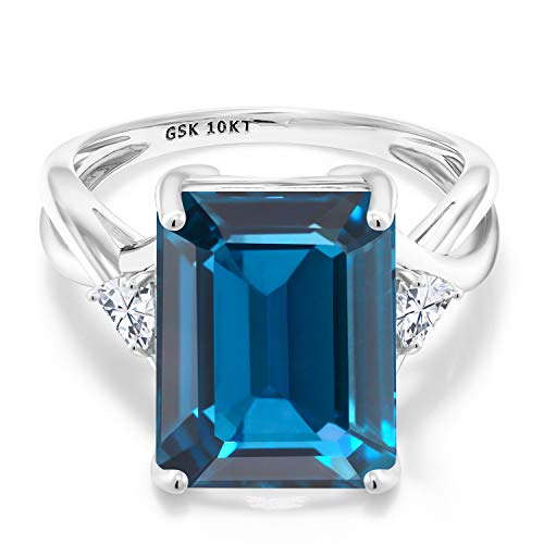 Gem Stone King 10K White Gold London Blue Topaz and White Moissanite 3 Stone Engagement Ring For Women (9.96 Cttw, Emerald Cut 14X10MM, Trillion 4MM, Available in Size 5,6,7,8,9)3