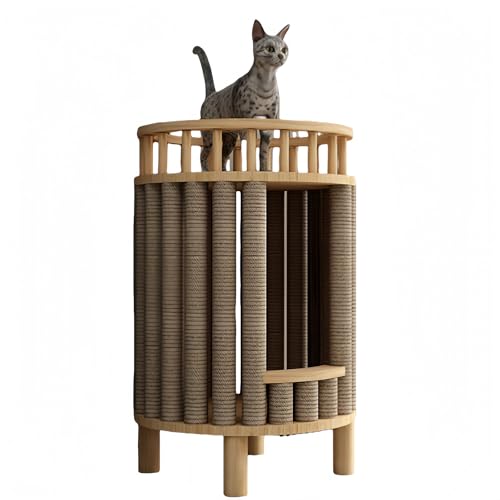Ziuuihuキャットタワー 猫用ベッド 無垢材 四季通用 猫用別荘 閉じた猫用ハウス 猫用クライミングフレーム ベッドサイドテーブル 猫用共有スツール猫用 遊び場 休憩 爪とぎ 多機能 家具 インテリア 猫のおもちゃ 簡単組立 (C)