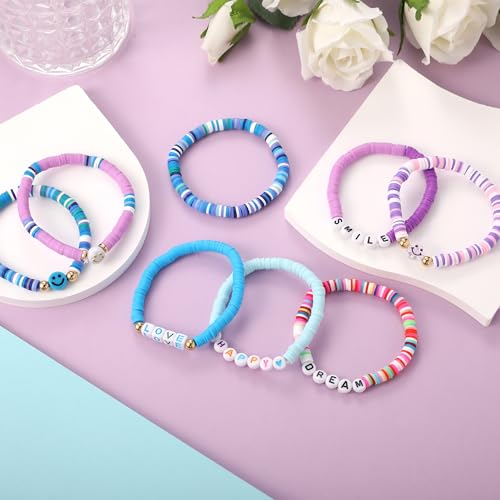 Image of Preppy Bracelets Set Colorful White Gold Smile Heart Star Polymer Beaded Pearl Clay Stackable Charm Y2K Kidcore Aesthetic Summer Beach Bohemian Stretch Layering Bracelets Jewelry for Girls Women Teens