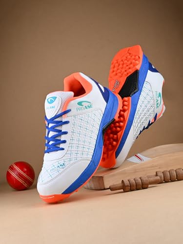 Image of Pro ASE Lightweight Cricket Shoes - Durable & Comfortable | Ideal for Turf, Ground & Hard Surfaces | Allrounder Design with Studs & Superior Grip | White, Blue, Grey, Orange